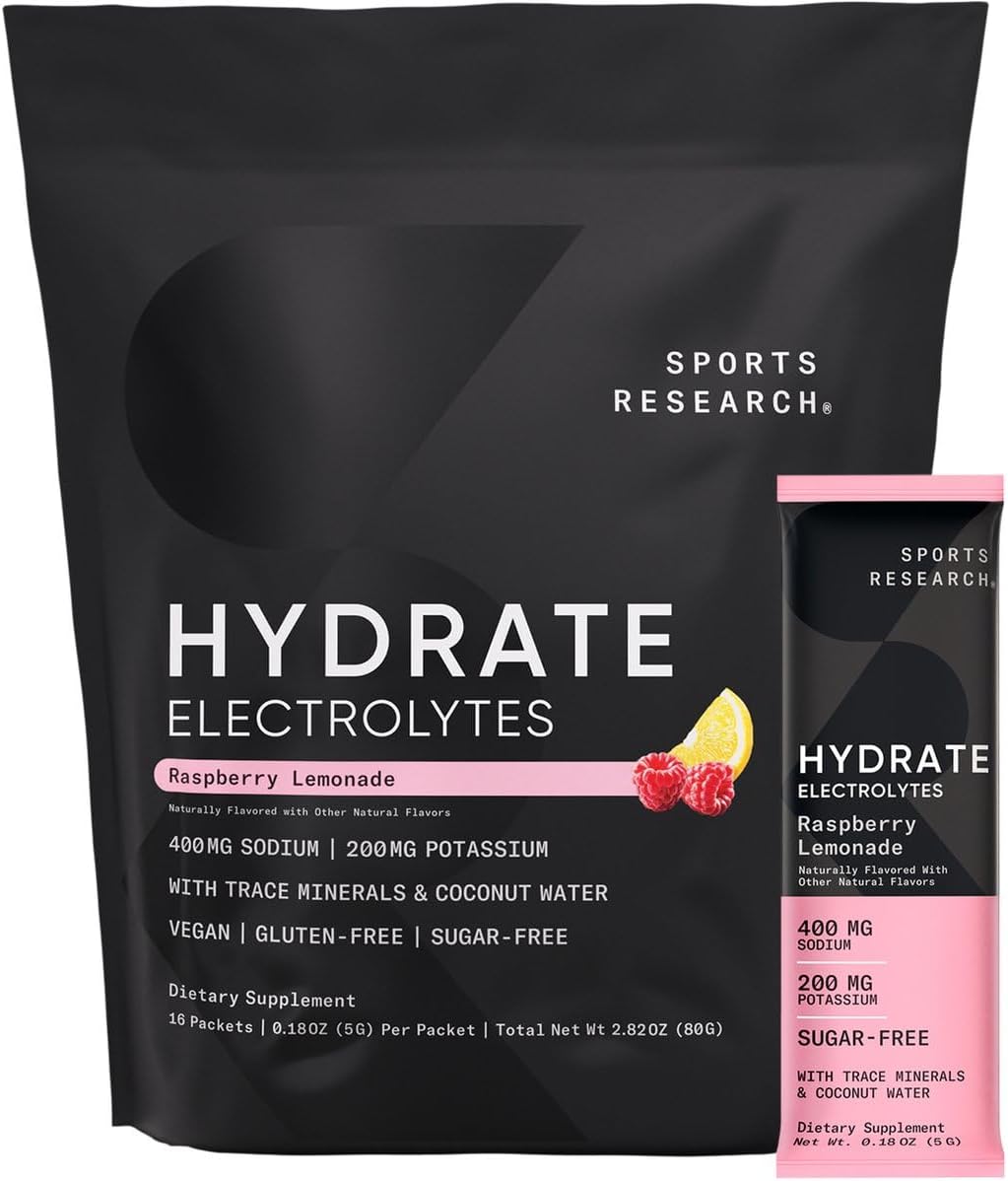Sports Research® Hydrate Electrolytes Powder Packets - Sugar-Free & Naturally Flavored with Vitamins, Minerals, and Coconut Water - Supports Hydration - 16 Packets - Raspberry Lemonade