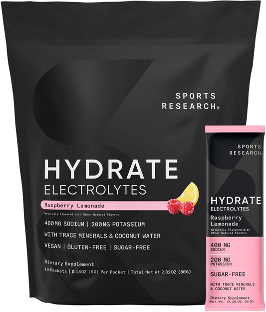 Sports Research® Hydrate Electrolytes Powder Packets - Sugar-Free & Naturally Flavored with Vitamins, Minerals, and Coconut Water - Supports Hydration - 16 Packets - Raspberry Lemonade