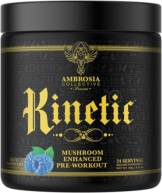 Ambrosia Kinetic Organic Preworkout, Mushroom Enhanced Natural Pre Workout Supplement, Nootropic Superfood Powder for Energy (Blue Raspberry)