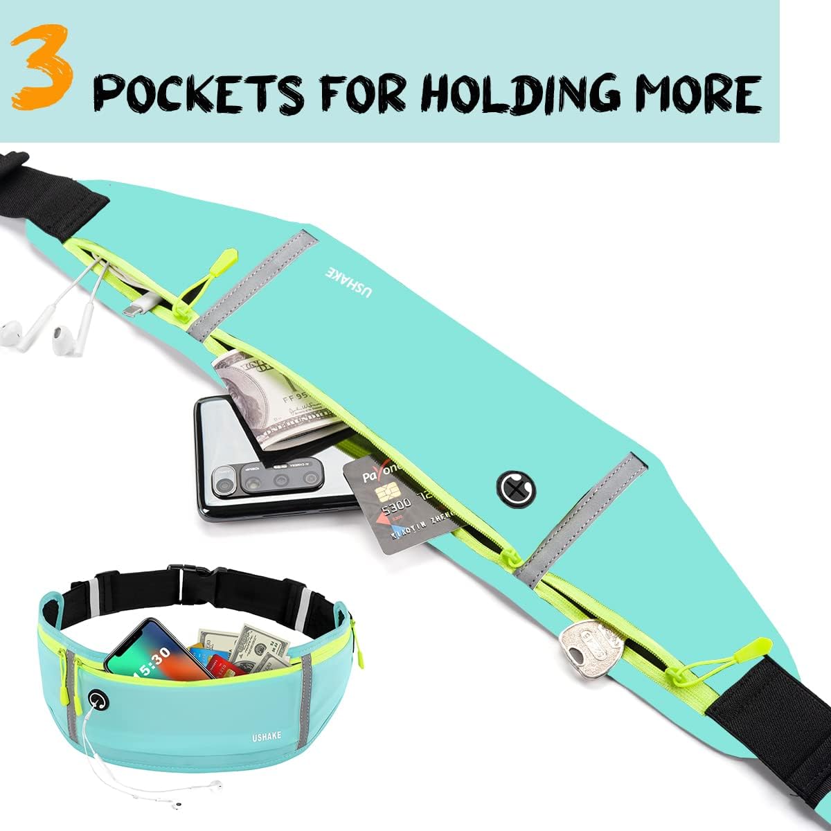 USHAKE Slim Running Belt, Workout Fanny Pack for Men Women,Exercise Waist Pack for Apple iPhone Holder, Runner Belt for Running Walking Cycling Camping Gym Mint blue