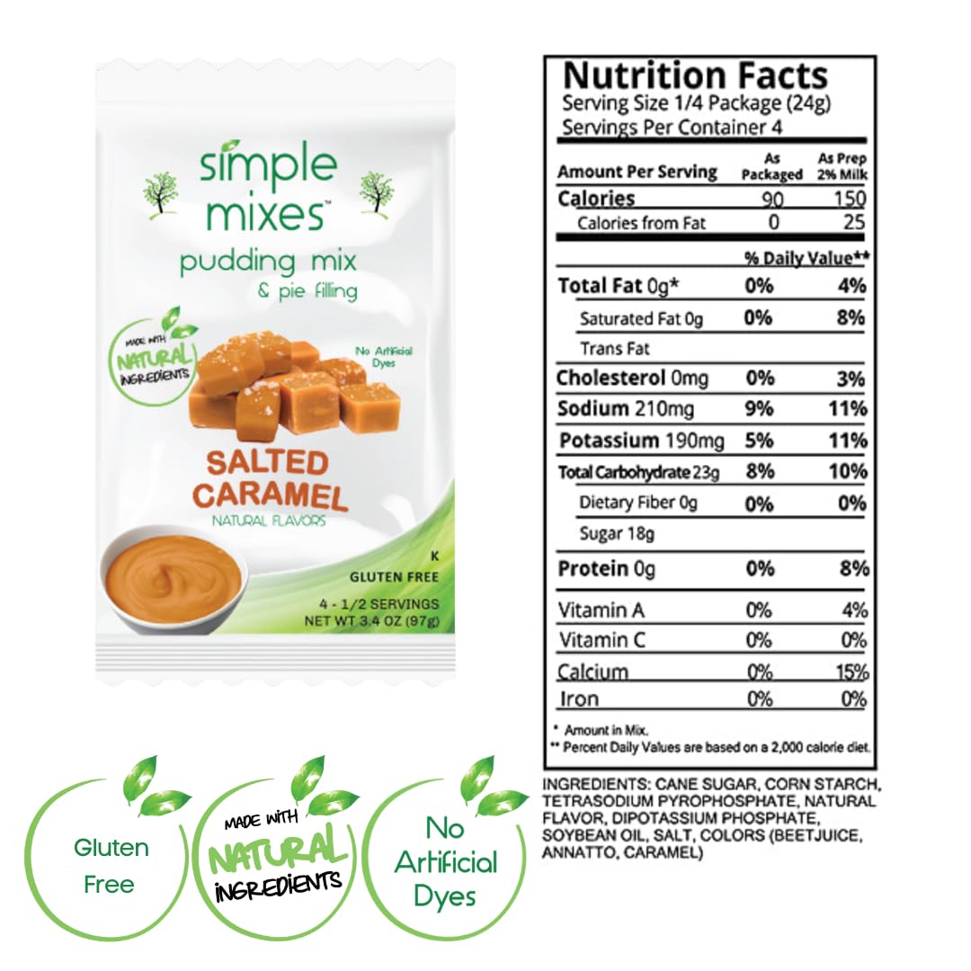 Simple Mixes Natural Instant Pudding & Pie Filling Mix, Healthy Snack, Salted Caramel (Butterscotch), Gluten and Dye-Free, No Fat, or Lactose, Kosher, 3 Pack