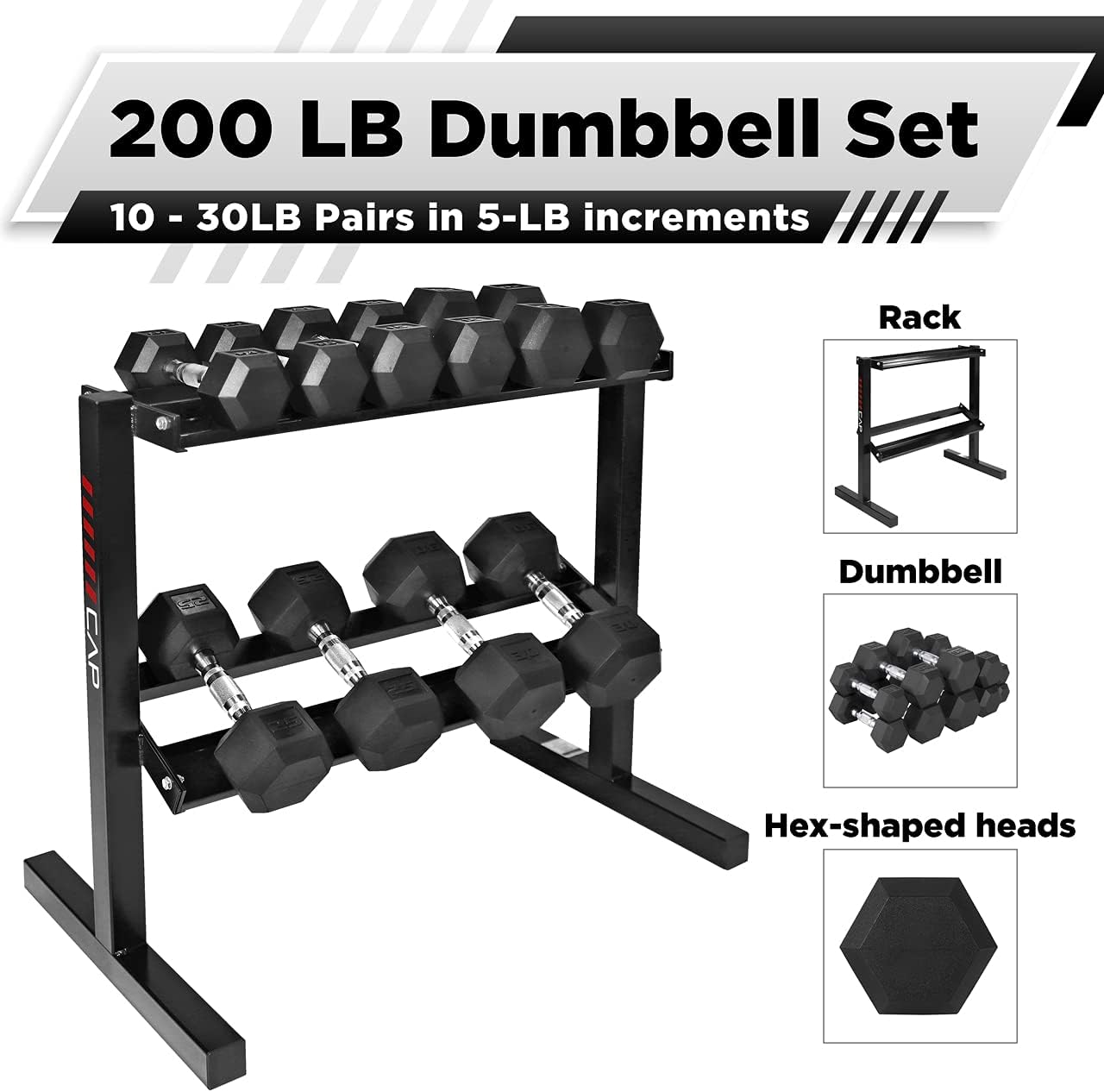 WF Athletic Supply Rubber Coated Hex Dumbbell Set with Two Tier Premium Storage Rack Built for Strength Building, Weight Loss & Home Gym – Multiple Sets Available