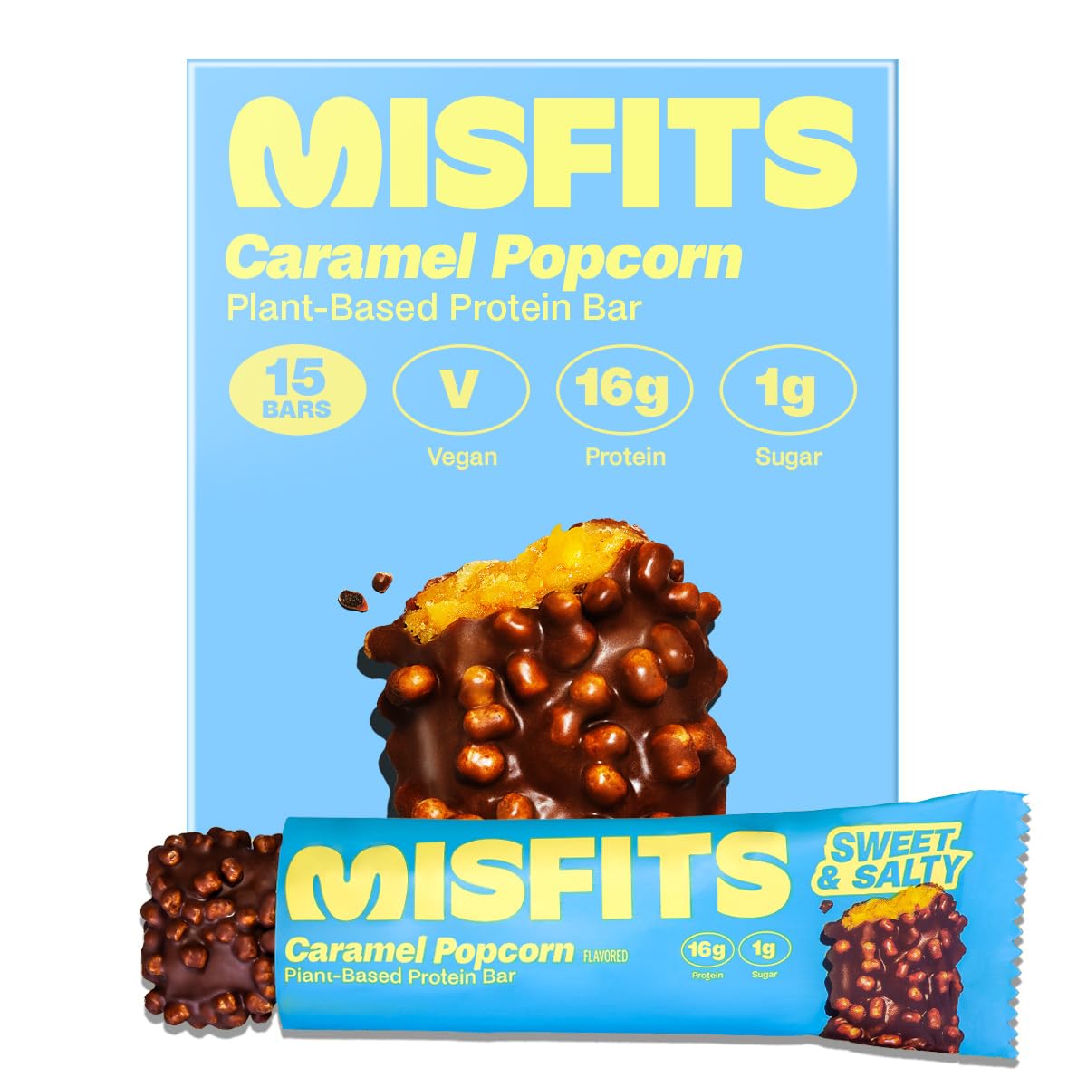 Misfits Vegan Protein (15 g) Bars, Sweet & Salty Caramel Popcorn | Plant Based, Gluten Free, Low Sugar & Carb Snacks with 4 g Fiber | Pack of 15