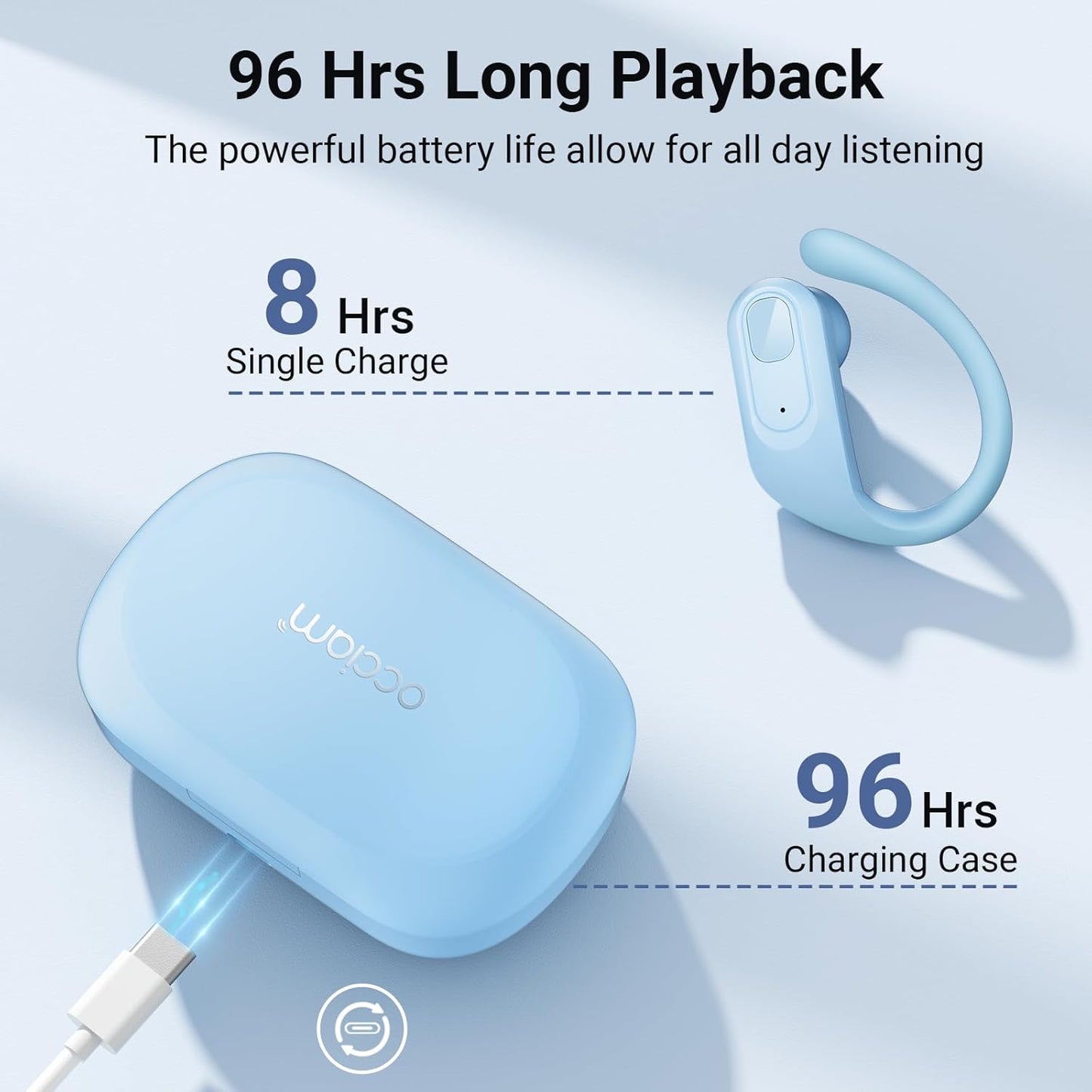 occiam Wireless Earbuds Bluetooth Headphones Ear Buds 96Hrs Playback Sport Over-Ear Waterproof Wireless Headphones Earphones with Earhooks ENC Mics Clear Call for Sport Running Workout Sky Blue