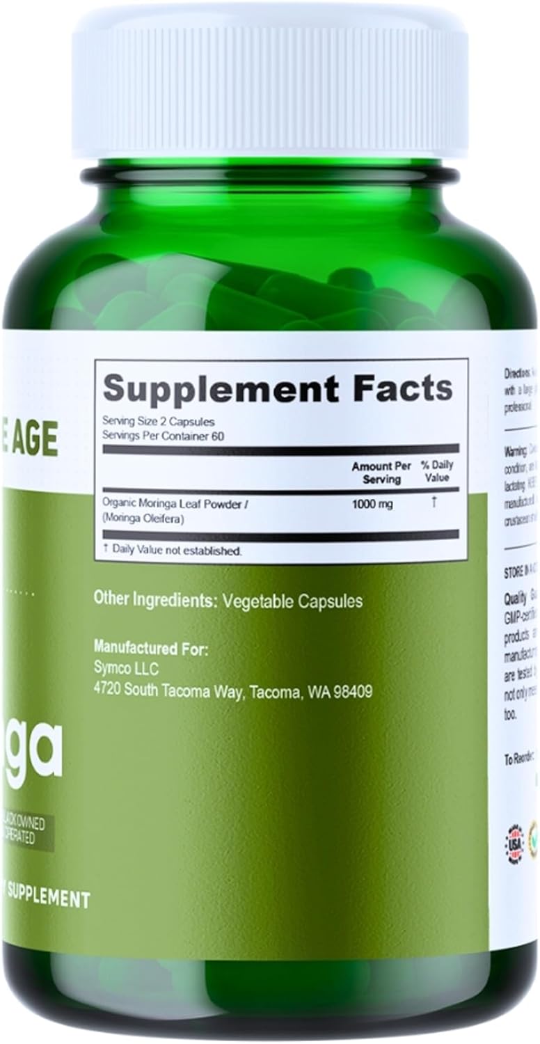 INFINITE AGE 1000mg Organic Moringa Leaf Powder Capsules, 60 Count - Made in The USA, Vegan, Gluten Free, All-Natural - Antioxidants, Liver and Kidney Support Supplement