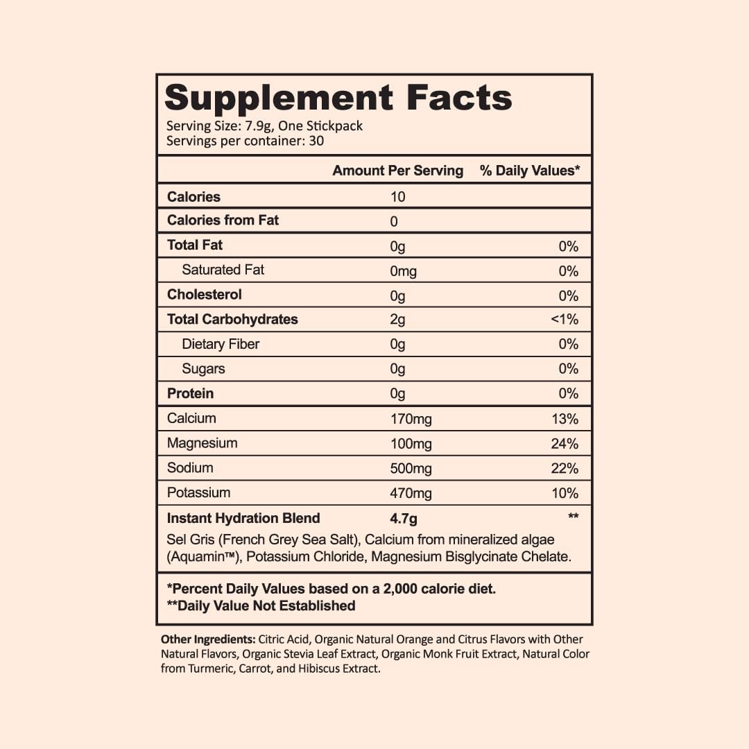 Instant Hydration Electrolytes Powder Packets - Citrus Orange Drink Mix - Zero Sugar - Keto, Vegan, Gluten-Free, Non-GMO - Boost Recovery, Brain Health, Muscle & Tissue Support- 30 Sticks