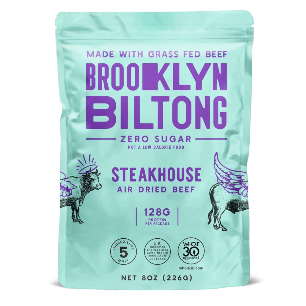 Brooklyn Biltong Air Dried Grass Fed Beef Snack, South African Beef Jerky (8 oz, Pack of 1) - Whole30 Approved, Paleo, Keto, Gluten Free, Sugar Free, Made in USA - (Steakhouse)