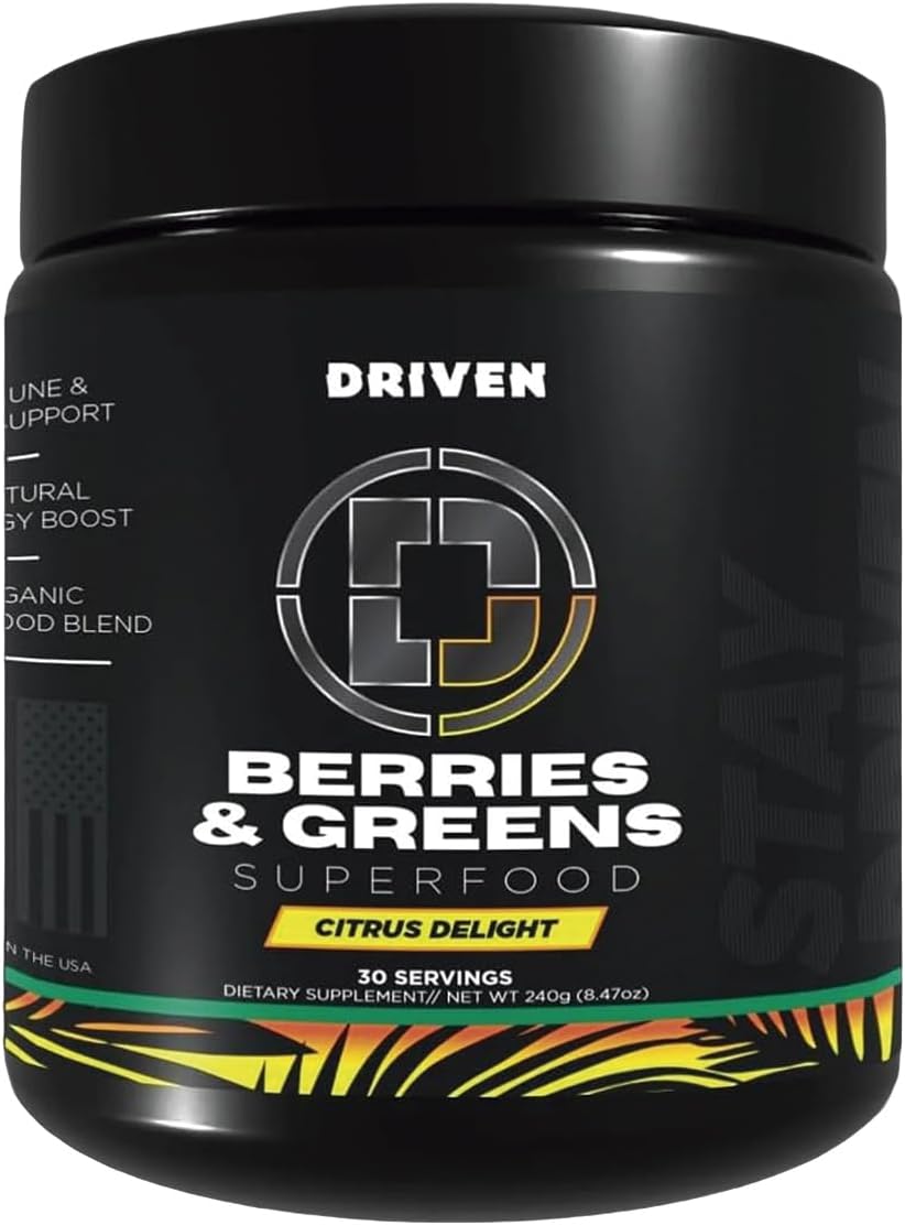 Driven B&G Berries & Greens Superfood Powder, 30 Servings - Organic Plant-Based Formula with Probiotics & Digestive Enzymes -Supports Recovery, Healthy Digestion, and Immune Function (Citrus Delight)