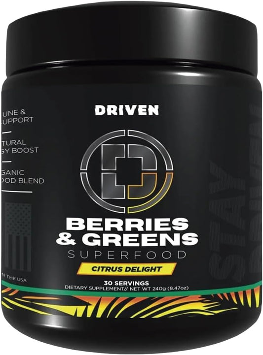 Driven B&G Berries & Greens Superfood Powder, 30 Servings - Organic Plant-Based Formula with Probiotics & Digestive Enzymes -Supports Recovery, Healthy Digestion, and Immune Function (Citrus Delight)