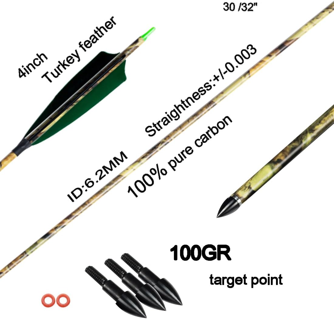Archery 30" 32" 400 500 Spine Carbon Hunting Arrows Turkey Feather for Compound Recurve Bow Longbow Practice Target Camo Arrow Pack of 12PCS
