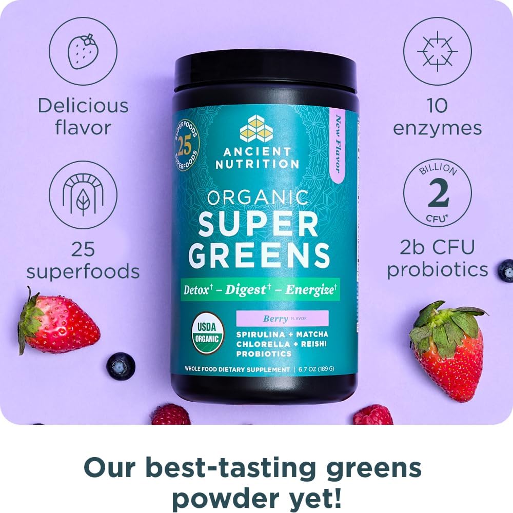 Ancient Nutrition SuperGreens Powder with Probiotics, Organic Berry Flavor Greens, Made from Real Fruits, Vegetables and Herbs, Digestive and Energy Support, 25 Servings, 6.7oz