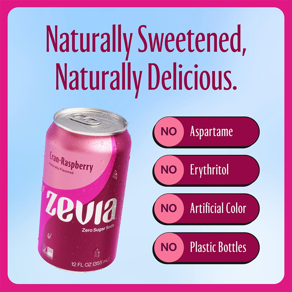 Zevia Zero Sugar Soda, Cran-Raspberry, 12 oz Cans (24-Pack) – Naturally Sweetened, Non-GMO Project Verified, Gluten-Free, Vegan