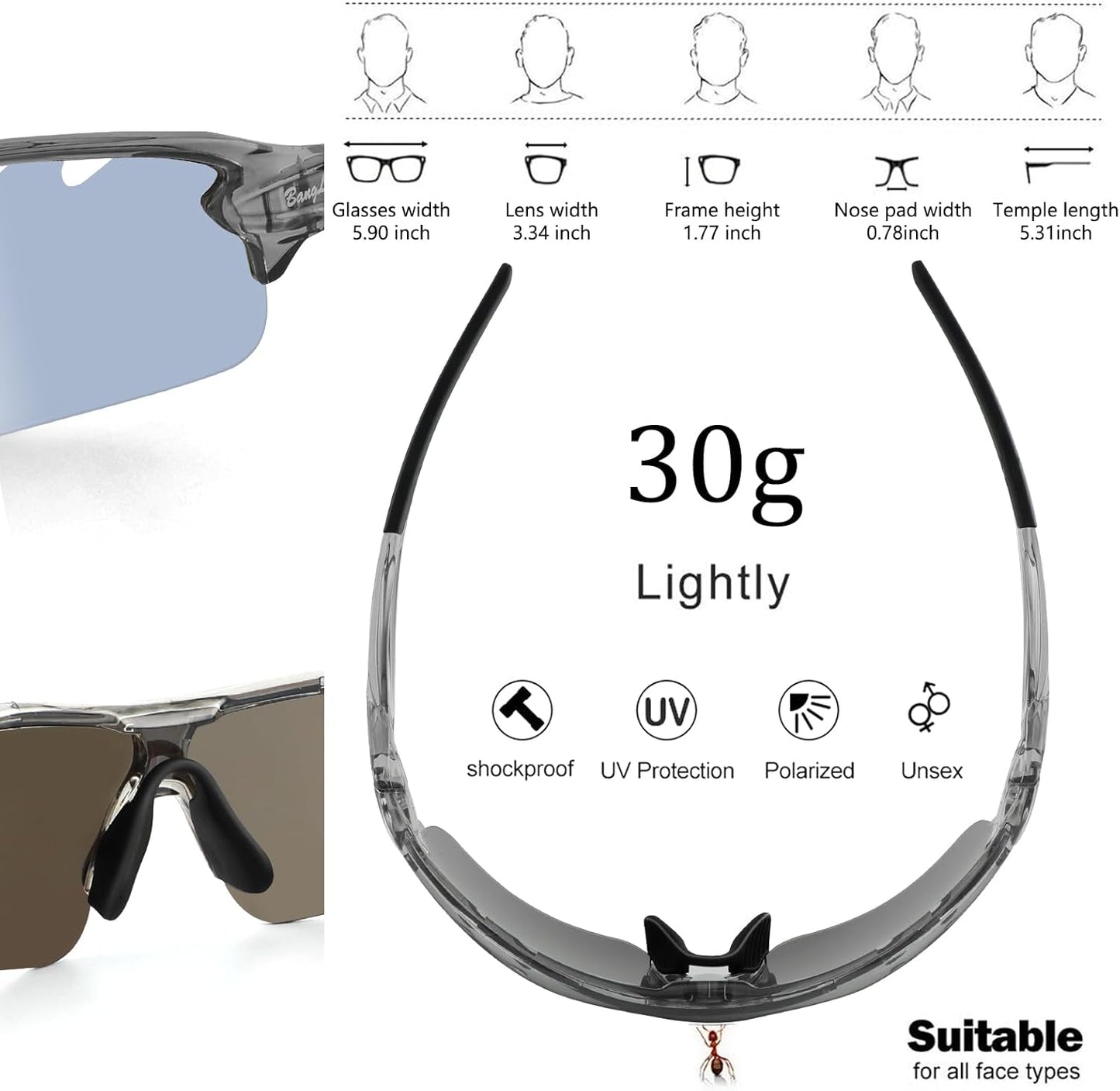 BangLong Polarized Sports Sunglasses Cycling Sun Glasses for Men Women with 5 Interchangeable Lenes for Running Baseball Golf