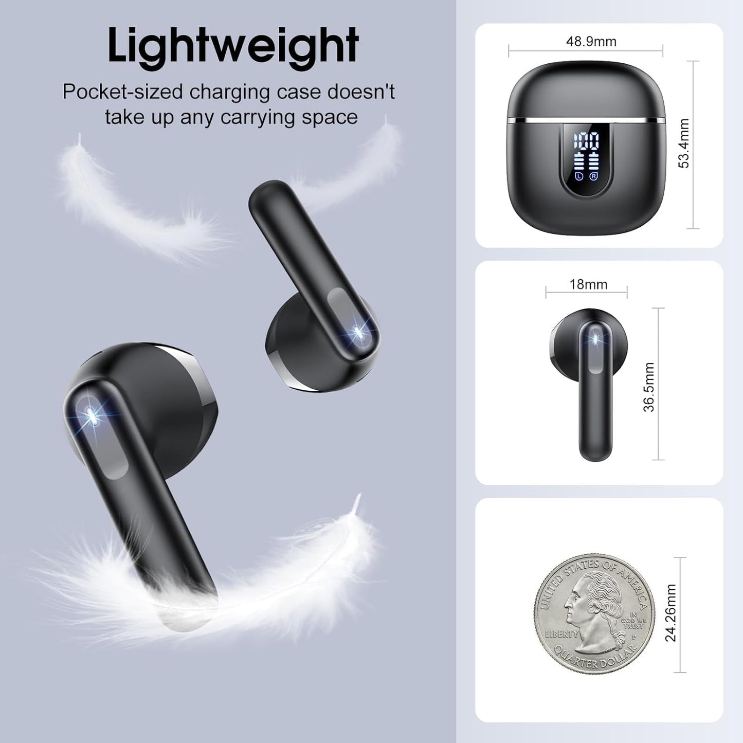 Wireless Earbuds, 2025 Bluetooth 5.4 Headphones with 3D Bass Stereo, 40H Ultralight in-Ear Buds, Bluetooth Earbuds with 4 ENC Noise Cancelling Mic, USB-C LED, IP7 Waterproof Earphones for Android iOS