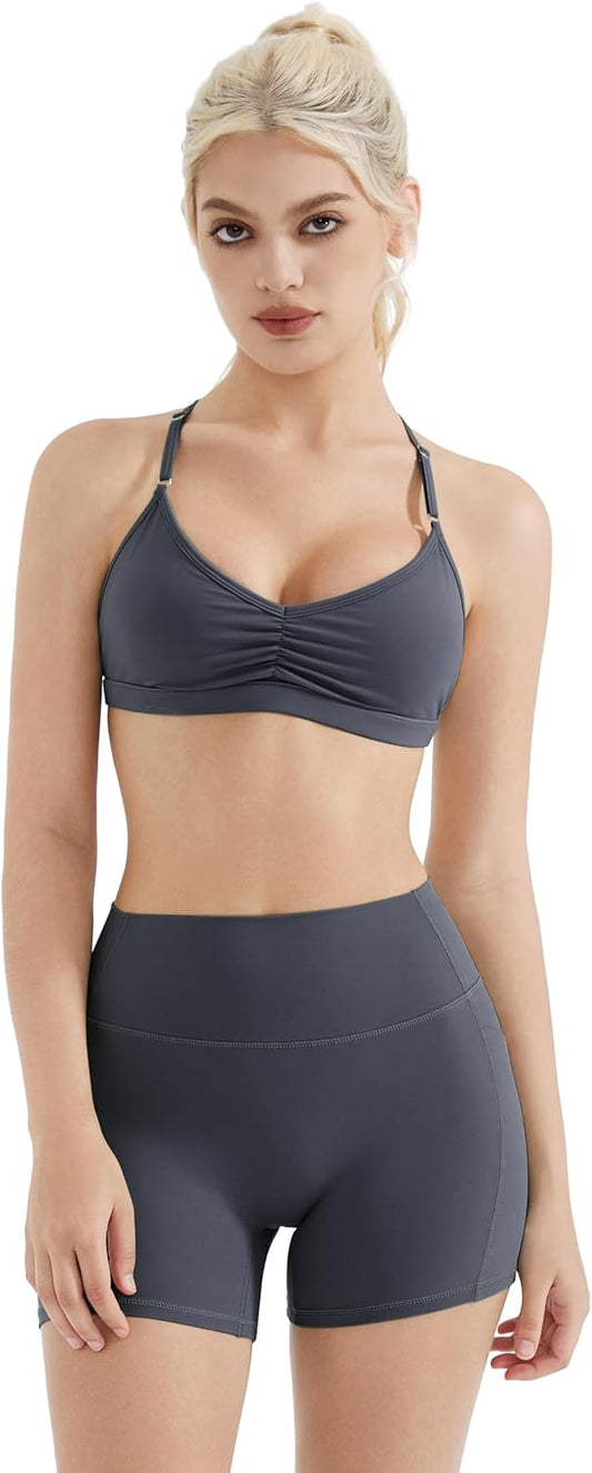 SUUKSESS Workout Sets for Women Padded Open Back Strappy Gym Set Criss Cross Yoga Sets 2 Pieces