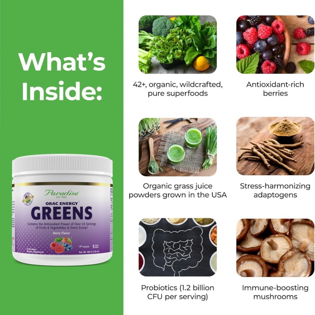 Paradise Herbs ORAC Energy Greens, Berry Superfood Powder, Over 40,000 ORAC Antioxidants, Organic Greens, Berries, Mushrooms & Probiotics, Non-GMO, Gluten-Free, 25 Servings