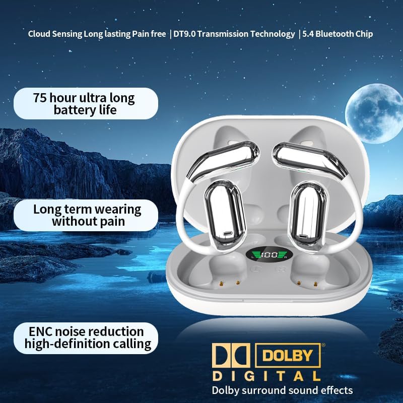 Wireless Earbuds Bluetooth Earbuds Built-in Mic with Ear Hooks 50H Playtime Ear Buds LED Display Charging Case Waterproof Design for Running Fitness (White)