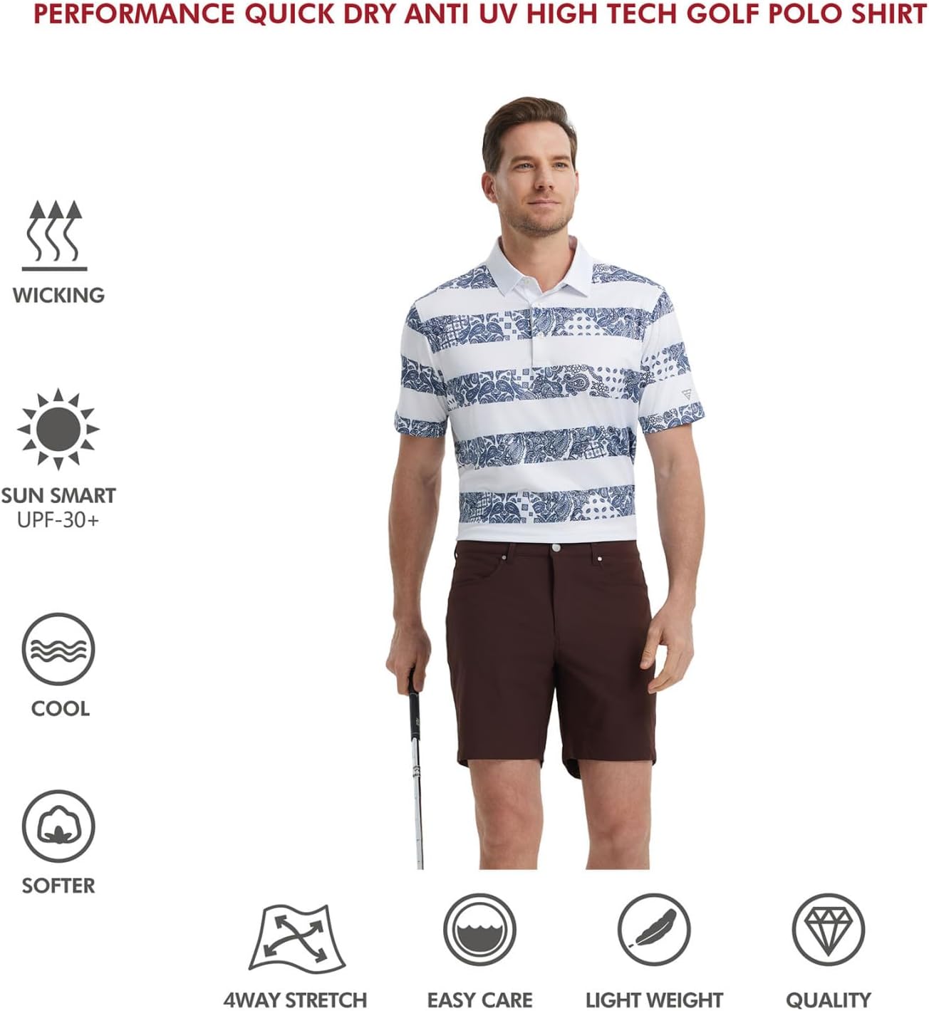Men's Golf Polo Shirts Short Sleeve Striped Performance Moisture Wicking Dry Fit Golf Shirts for Men