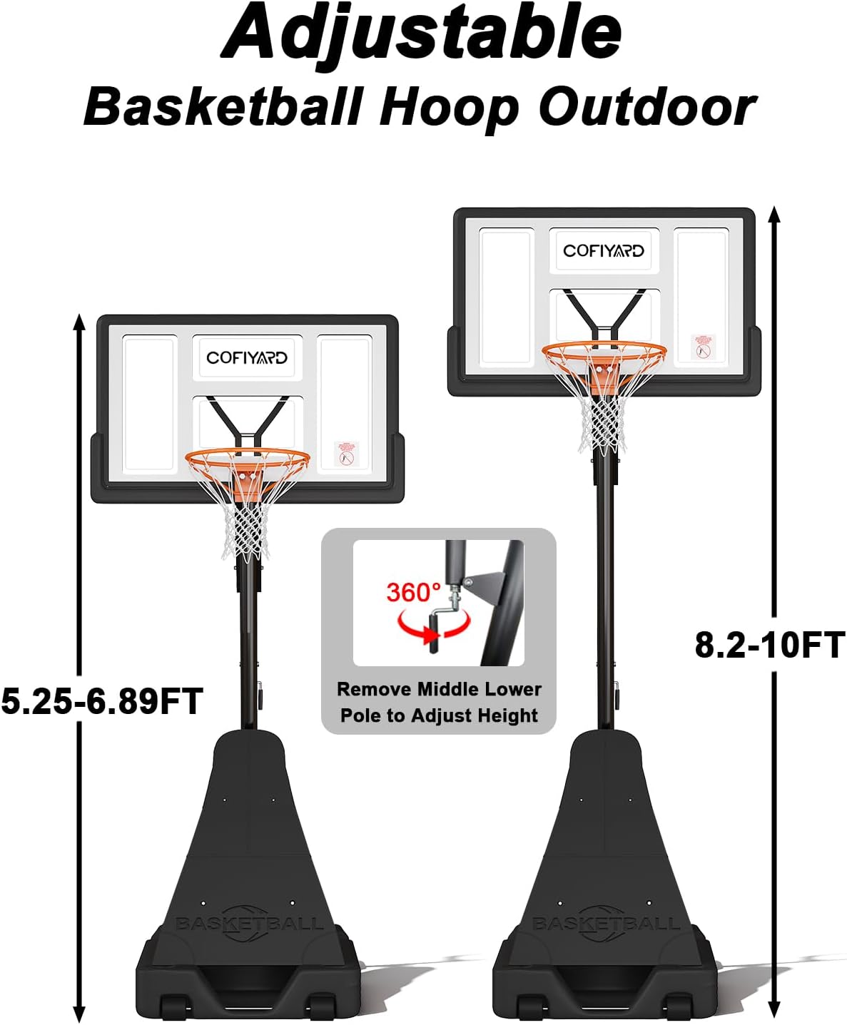 Basketball Hoop Outdoor with 44/54 Inch Shatterproof Backboard, 5.25-10FT Height Portable Basketball Hoop with Sandbag, Adjustable Basketball Goal System