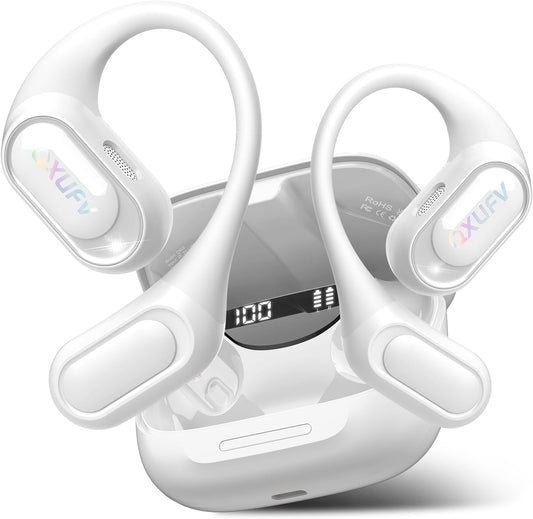 Open Ear Headphones, Bluetooth 5.4 Headphones Sports, Premium Sound with HD Mic Wireless Earbuds, 48H Playtime LED Power Display Ear Buds, IPX7 Lightweight Comfort Earphones for Running, White