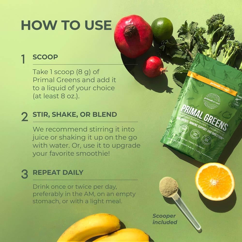 Primal Harvest Primal Greens Powder, 30 Servings Once Daily Supergeens Nutritional Supplement with Spirulina, Mushroom Blend & Probiotics to Support Energy, Wellness, & Digestion