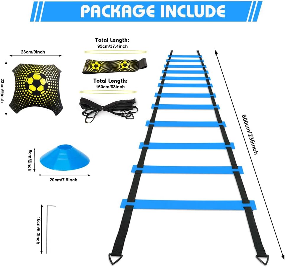 Soccer Speed Agility Training Set - 20FT Agility Ladder 12/16 Sports Cones and Soccer Kick Trainer Football Training Equipment Footwork Drills for Youth and Adults