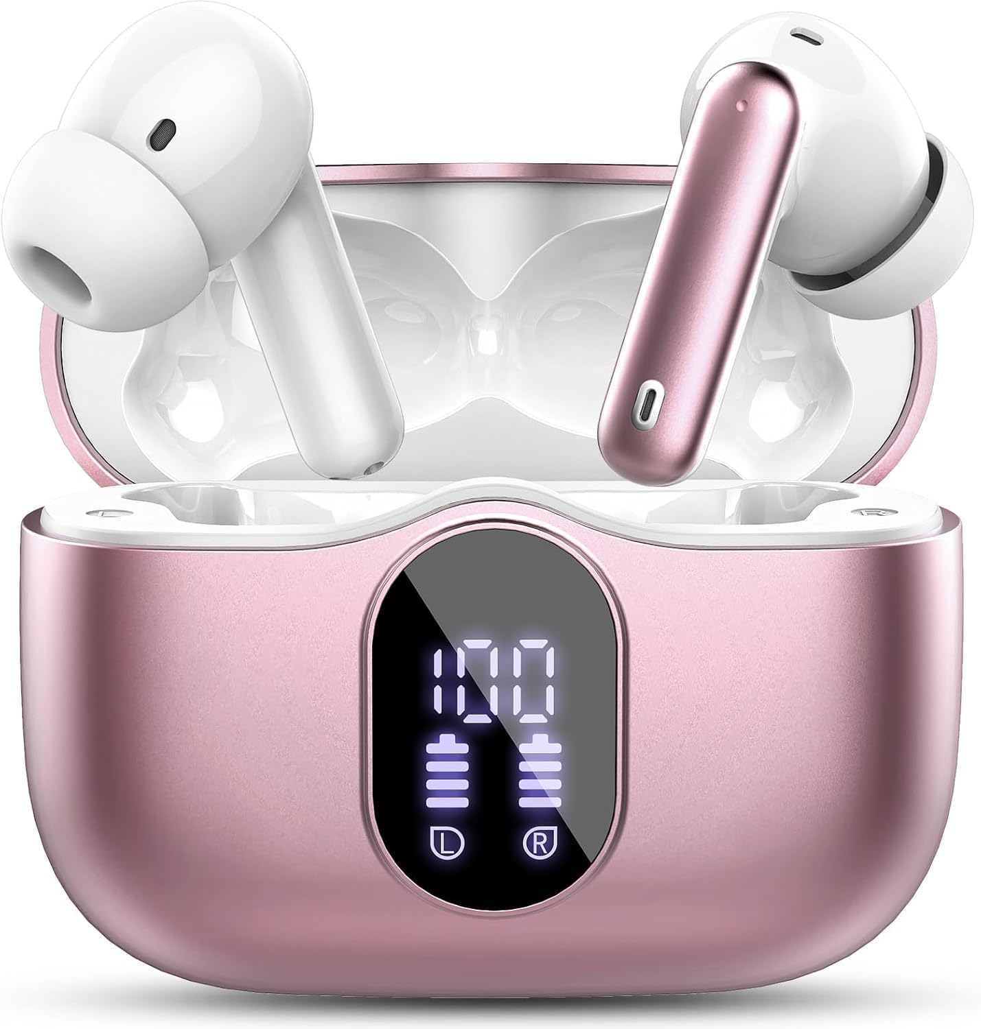 Wireless Earbuds, Bluetooth 5.4 Headphones Bass Stereo, Ear Buds with Noise Cancelling Mic, IP7 Waterproof in Ear Earphones, 36H LED Display Bluetooth Earbuds for Laptop Pad Phones Sports, Rose Gold