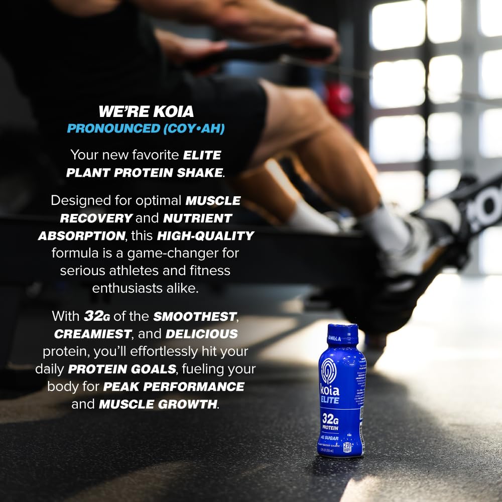 Koia Elite Plant Based Protein Shake, Vanilla, 32g Protein, 4g Sugar, 6g Prebiotic Fiber, Pre & Post Workout Nutritional Drink, No Seed Oils, Dairy-Free, Gluten-Free, Non-GMO, 12 Fl Oz (Pack of 12)
