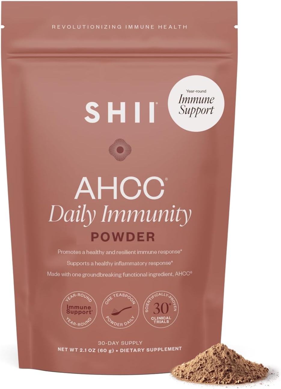 SHII AHCC Daily Immunity Powder, 2.1 Oz - Vegan, Gluten-Free Immune Support Supplement with AHCC, Easy-to-Mix Shiitake Mushroom Powder for Quick Absorption, Promotes Immune Response & Cellular Health