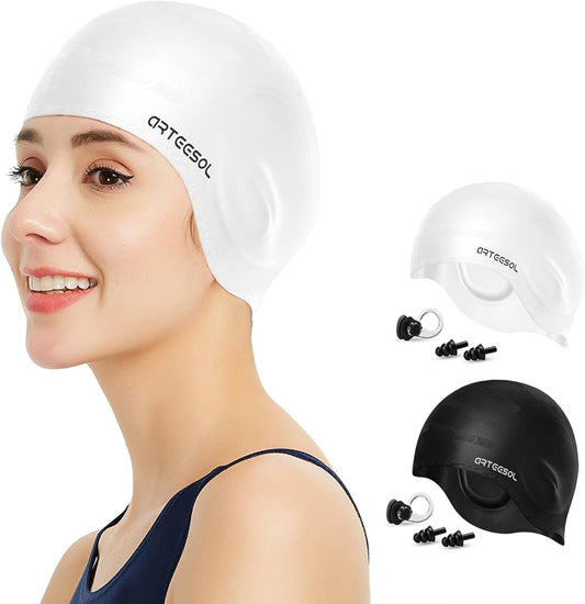 Swimming Cap, Silicone Swim Cap for Women Men, Durable Non-Slip Waterproof Swim Cap Protect Ears, Long Hair for Adults, Older Kids