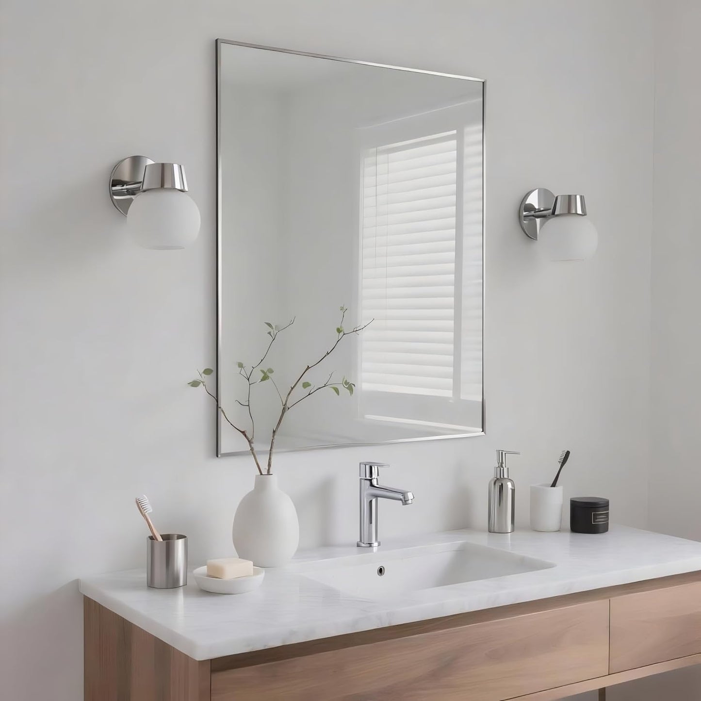 24x30 Inch Nickel Bathroom Mirror for Wall, Aluminum Frame Rectangle Rectangular Vanity Mirror, Modern Large for Bedroom, Living Room, Horizontal or Vertical