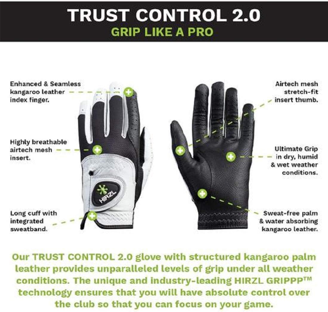 HIRZL Trust Control 2.0 Golf Glove, All Weather Mens Golf Glove, White/Black, Kangaroo Leather Palm, Cabretta Leather Backhand, Trusted by Pro’s, Sweat Free, Ultimate Grip