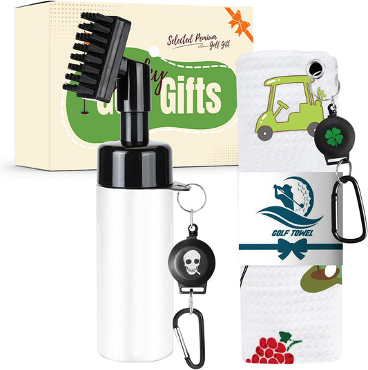 Golf Club Clean Brush Towel Value Set with Strong Magnetic Retractable Carabiner, Squeeze Water Bottle Microfiber Absorbent Towel for Golf Bags Accessory Iron Care Men Women