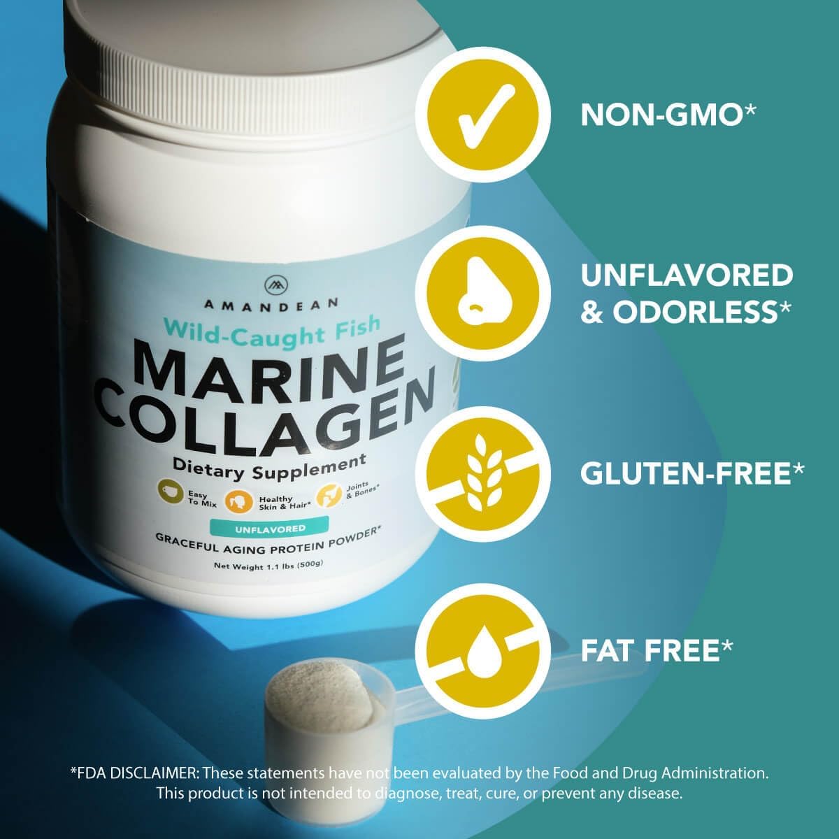 AMANDEAN Marine Collagen Peptides Powder. 500g Wild-Caught Hydrolyzed Fish Collagen Supplement. Type 1 & 3 Collagen Protein. 18 Amino Acids for Skin, Hair, Nails.