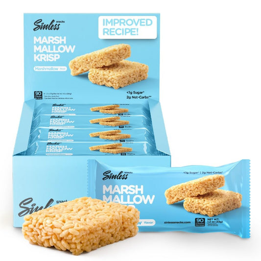 New Improved Recipe - Sinless Snacks Marsh Mallow Krisp - Perfect Keto Snacks - Delicious Gluten Free Low Carb Snacks - Marshmallow Keto Cereal Bars – Soft & Chewy Low Sugar – Less Than 1g - 8 Count