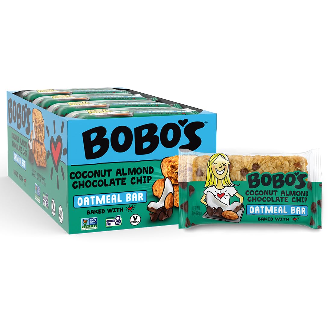 Bobo's Oatmeal Bars, Coconut Almond Chocolate Chip, Gluten Free Vegan Whole Grain Oat Bars, Pack of 12