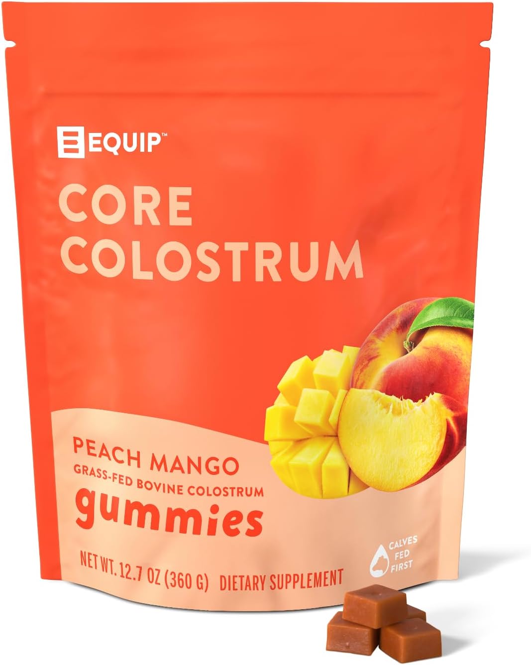 Equip Foods Core Bovine Colostrum Gummies, Delicious 1g Per Seving Grass Fed Colostrum Supplement - Gut Health, Immunity, Recovery, Hair & Skin - 60 Bovine Colostrum Gummies, 30 Servings, Peach Mango