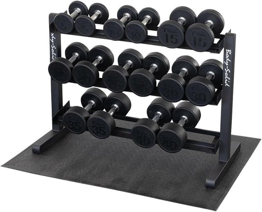 Body-Solid (GDR363-SDP) Round Rubber Dumbbell Set with Rack and Floor Mat, Includes 5-40 lb Dumbell Pairs with Chrome-Plated Handles, Commercial and Home Gym Weight Holder for Dumbbells