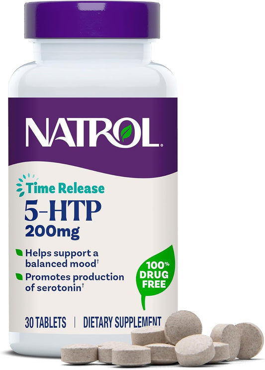 Natrol 5-HTP 200 mg, Time Release, Support a Balanced Mood, Dietary Supplement Provides Serotonin Production Throughout the Day, 30 Tablets, Up to a 30 Day Supply