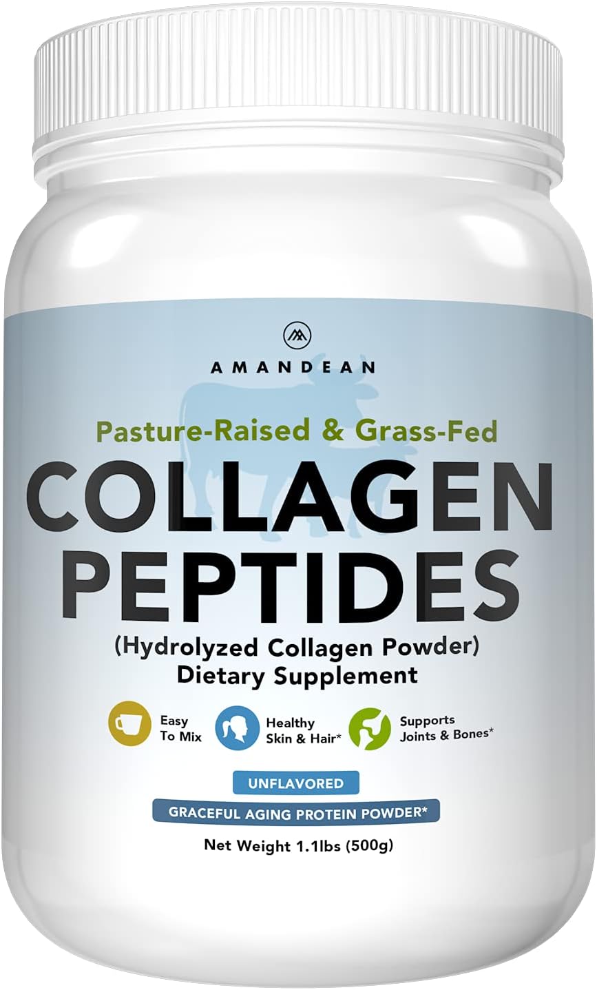 AMANDEAN Collagen Peptides Powder (17.6oz). Grass-Fed Hydrolyzed Protein Supplement. Promotes Healthy Joints, Skin, Hair, Nails. Unflavored & Easy to Mix.
