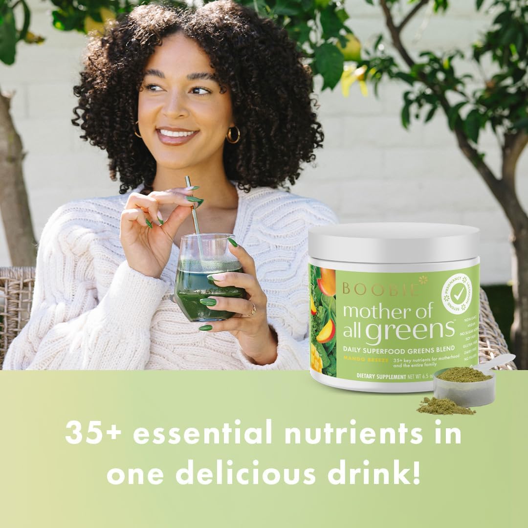 Boobie Mother of All Greens | Your New Family Ritual, Daily Super Greens Powder with 35+ Essential Nutrients for Moms & Families | Vegan, Gluten Free, & Sugar Free | Mango Flavor, 60 svgs