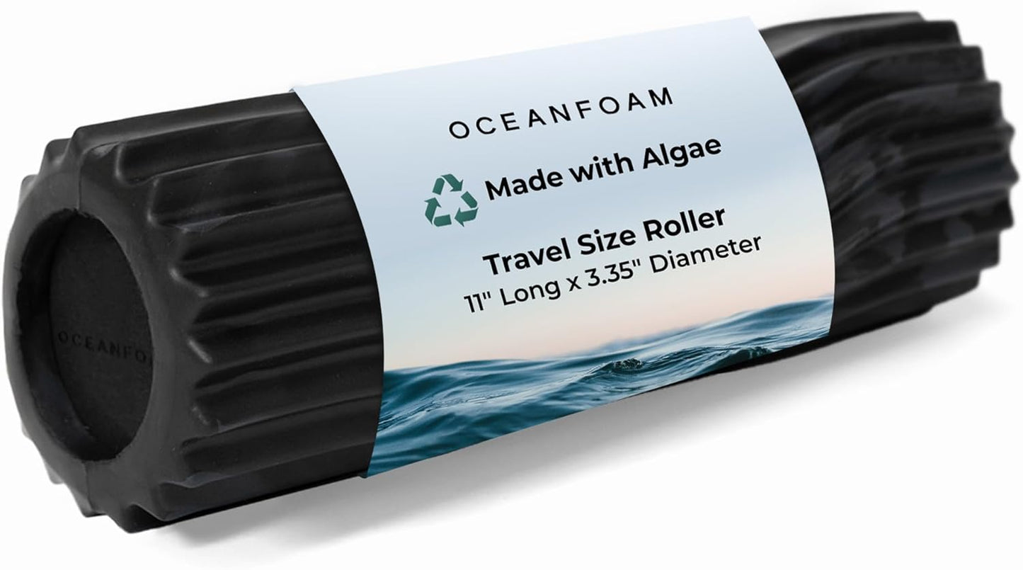Oceanfoam Ripple Travel Foam Roller (11" x 3.35") Firm Mini Foam Roller for Physical Therapy, Deep Tissue Massage, Back Pain - High Density, Wave Textured - Yoga, Exercise (Black & Charcoal Marbled)
