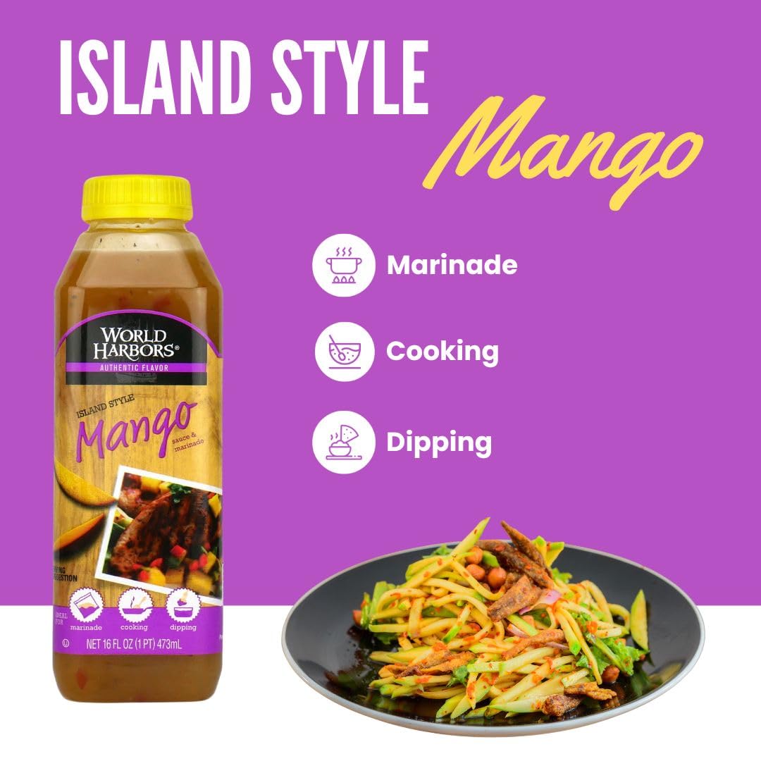 World Harbors Island Mango Sauce & Marinade - Low-Calorie, Sweet & Tangy Perfect Sauce for Chicken, Fish, Beef, Wings, Dipping, Stir-Frying, Salad Dressing. Made in USA 16-Fl Oz Bottle (Pack of 3)