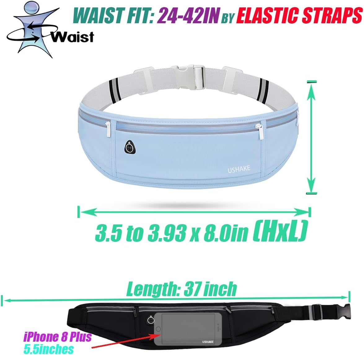 USHAKE Slim Running Belt, Workout Fanny Pack for Men Women,Exercise Waist Pack for Apple iPhone Holder, Runner Belt for Running Walking Cycling Camping Gym Light Blue