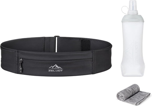 Running Belt with 400ml Soft, Adjustable Running Fanny Pack with Phone Holder and Gym Towel, Waterproof Belt Bag for Women Men for Jogging Hiking Marathon (Black, L/XL)