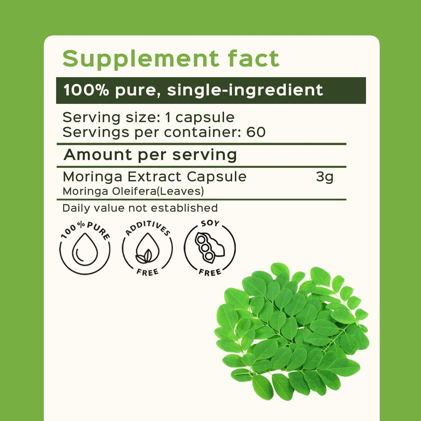 bixa BOTANICAL Moringa Leaf Extract Capsule (Moringa Oleifera) | Multi-Vitamin Green Super Food Supplement ǀ Pure Natural Nutrition Supplement- (60 Count(Pack of 1))