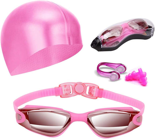 Swim Goggles Swimming Goggles No Leaking with Nose Clip, Earplugs, Swim Cap and Case for Men Women