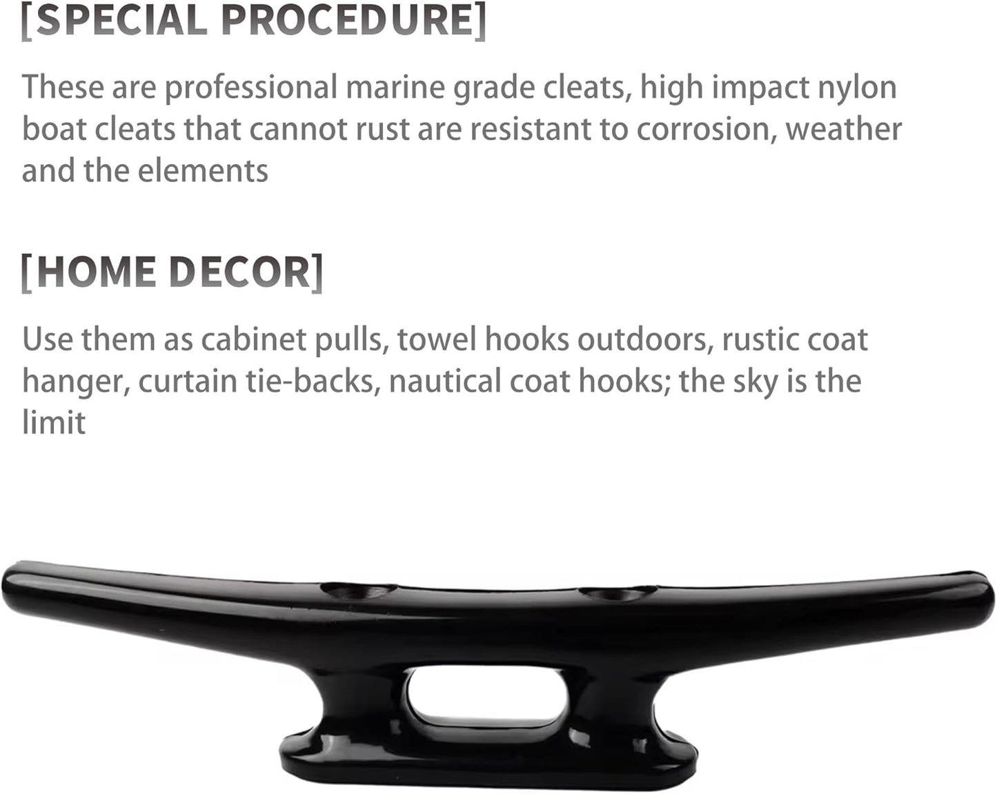 Nylon Boat Cleats Black, 4"/5"/6"/8", Marine Grade Dock Cleats for Rope, Kayak, Mooring, Canoe, Maritime Decor, Tie Down