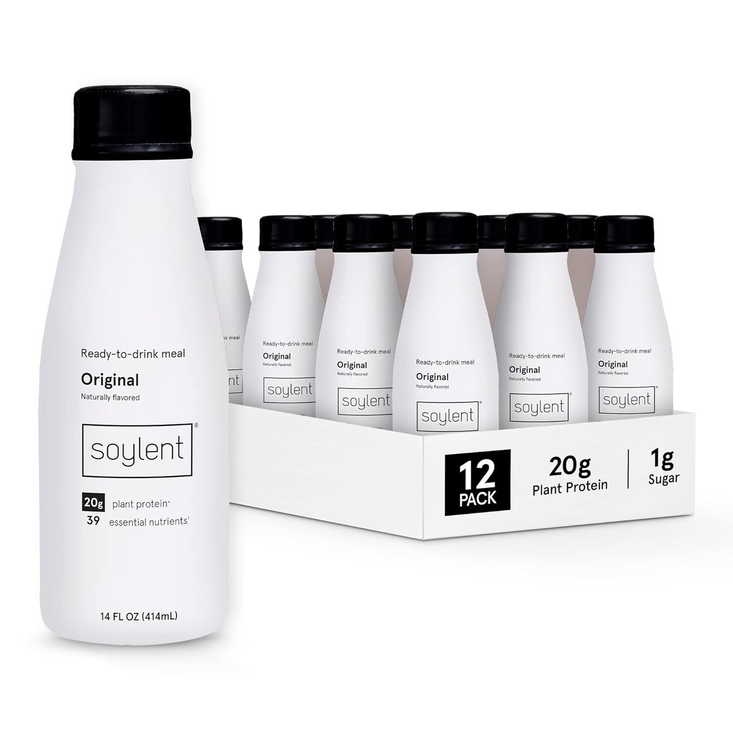 Soylent Original Meal Replacement Shake, Ready-to-Drink Plant Based Protein Drink, Contains 20g Complete Vegan Protein and 1g Sugar, 14oz, 12 Pack
