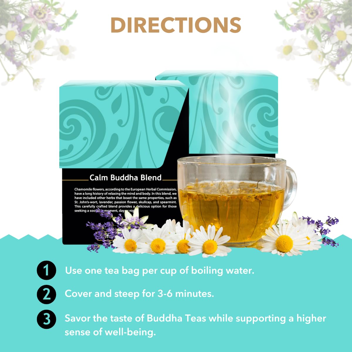 Buddha Teas - Calm Buddha Blend - Organic Herbal Tea - For Health & Wellbeing - Blend of Organic Herbs - Clean Ingredients - Caffeine Free - OU Kosher & Organic - Non-GMO - 18 Bleach-Free Tea Bags